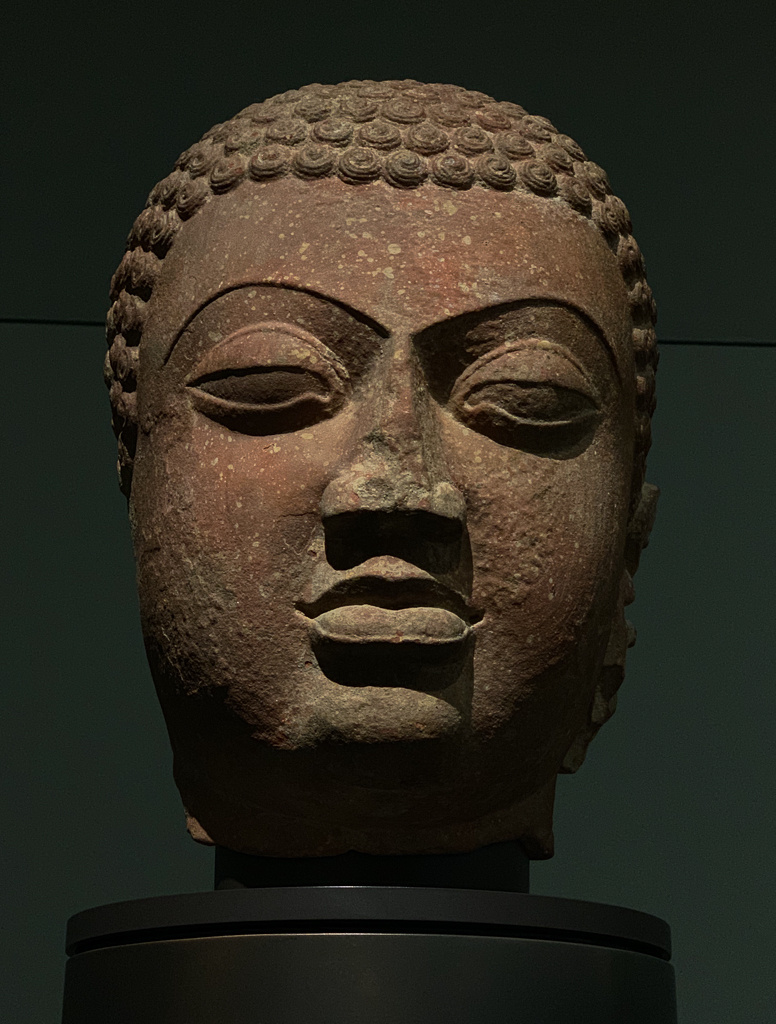 Buddha head
Gupta empire Northern India,
Mathura region 400-500
H. 195cm; red sandstone